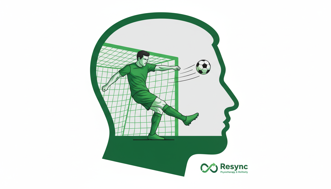 A modern, stylized illustration showing the silhouette of a footballer's head. Inside the head, a scene depicts them confidently scoring a goal, representing the mental process of overcoming fear and rebuilding confidence after an injury. The design should be clean and use brand colors. Aspect ratio: 1:1.