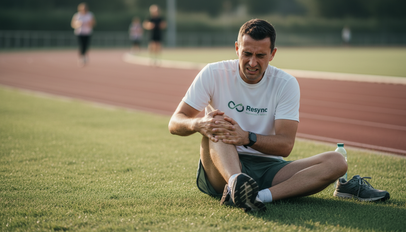 A realistic, empathetic photograph of a frustrated runner in their 30s sitting on the sidelines of a track, holding their hamstring with a pained expression. The focus is on the athlete's disappointment, highlighting the emotional cost of returning to sport too soon. Soft, natural lighting. Aspect ratio: 16:9.
