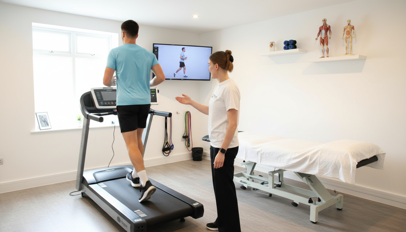 A professional and clean photograph of a female physiotherapist in a branded polo shirt assessing a male athlete's running form on a treadmill. The clinic environment is modern and bright. The focus is on the expert interaction and analysis. Aspect ratio: 16:9.