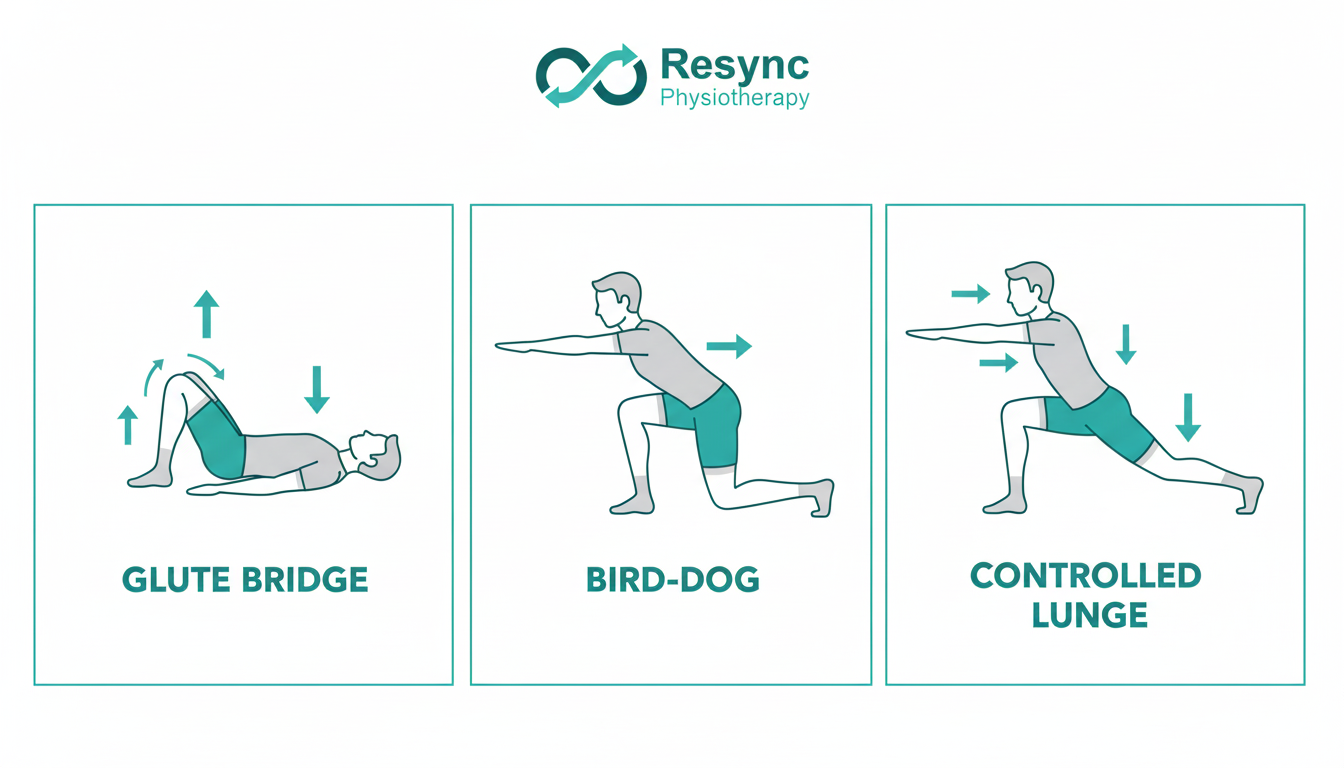 A clean, modern infographic illustration showing three key strengthening exercises for hamstring injury prevention. Use simple line art figures to demonstrate a glute bridge, a bird-dog, and a controlled lunge. Each exercise has a simple title. Use the brand's teal and grey color palette. Aspect ratio: 1:1.
