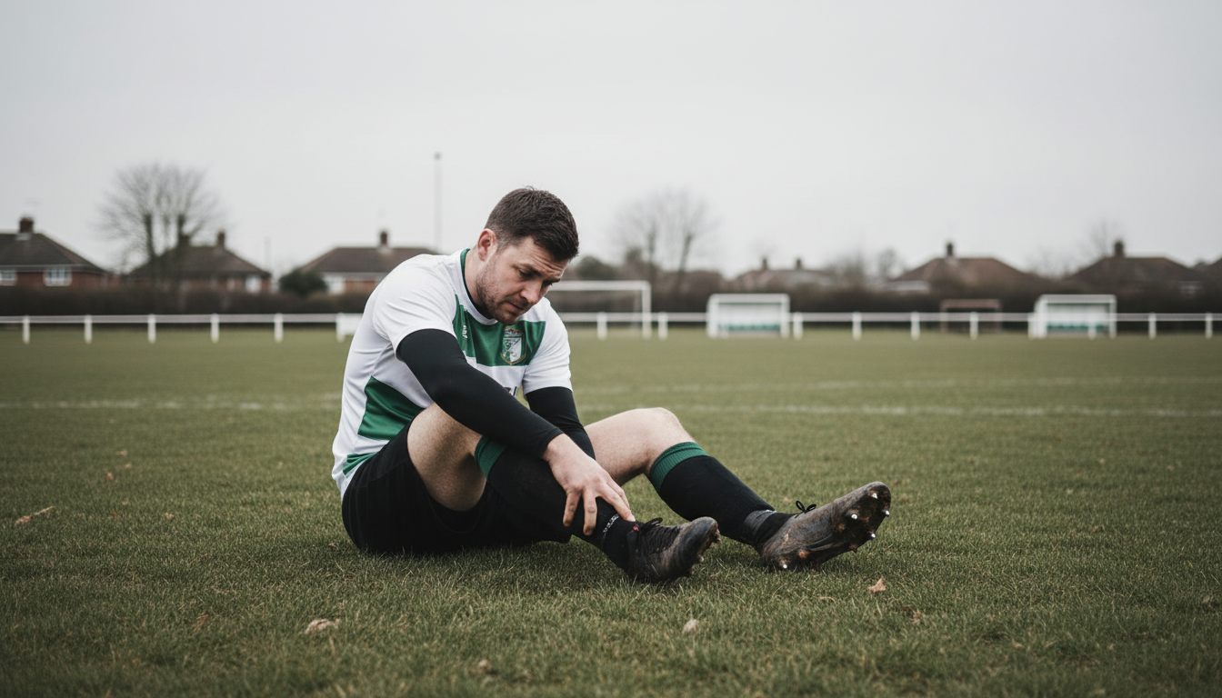A realistic, empathetic photograph of a male football player in his early 30s, sitting on the sidelines of a local football pitch in Balsall Common. He is looking down at his leg with a frustrated and worried expression. The mood is slightly desaturated to convey disappointment. Aspect ratio: 16:9.