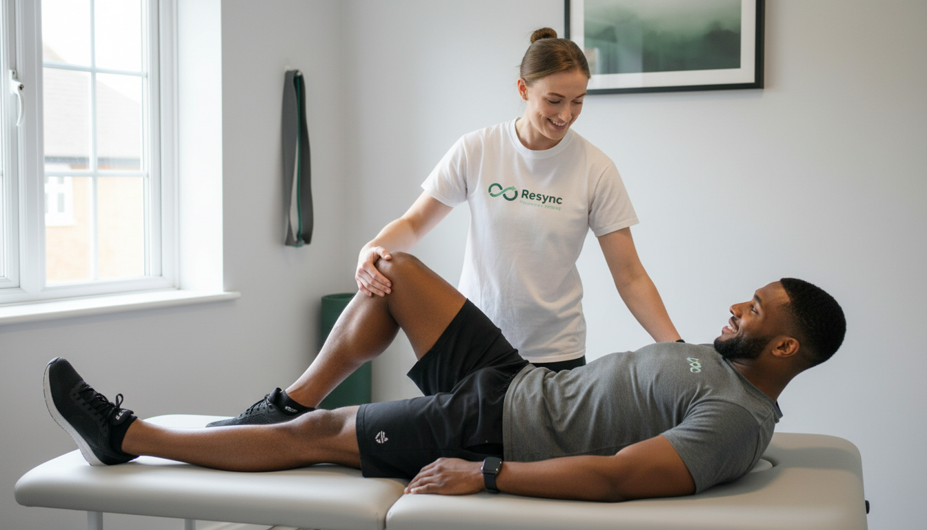 A professional and clean photograph of a physiotherapist in a branded polo shirt assessing an athlete's hamstring and hip mobility in a modern, well-lit clinic. The focus is on the expert, hands-on approach, conveying trust and knowledge. The patient looks engaged and hopeful. Aspect ratio: 4:3.