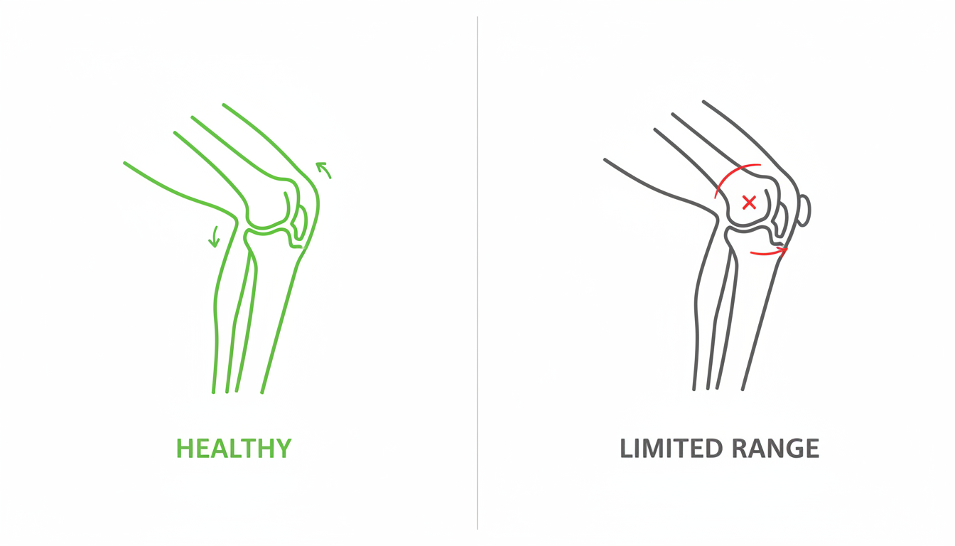 A clean, modern diptych illustration comparing a full range of motion in a knee joint versus a limited range of motion. Use simple lines and brand colours (#4D9A83 for healthy, #5A5A5A for limited) to highlight the difference in the angle of flexion. Aspect ratio: 1:1.
