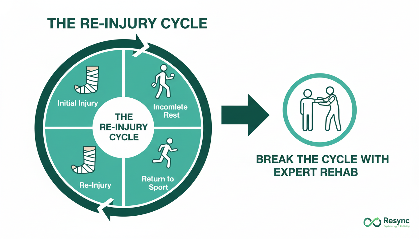 A simple infographic showing a circular arrow graphic labelled 'The Re-Injury Cycle'. The cycle includes icons for 'Initial Injury,' 'Incomplete Rest,' 'Return to Sport,' and 'Re-Injury.' A bold line breaks out of the cycle, pointing to an icon of a person with a physio, labelled 'Break the Cycle with Expert Rehab.' Use brand colors. Aspect ratio: 1:1.