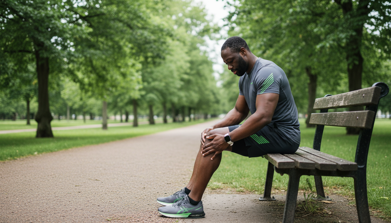 A realistic, empathetic photo of a male athlete in his early 30s sitting on a park bench, thoughtfully examining his knee. He is dressed in running gear. The mood is contemplative and concerned, not defeated, set against a soft-focus background of a park in the UK. Aspect ratio: 16:9.
