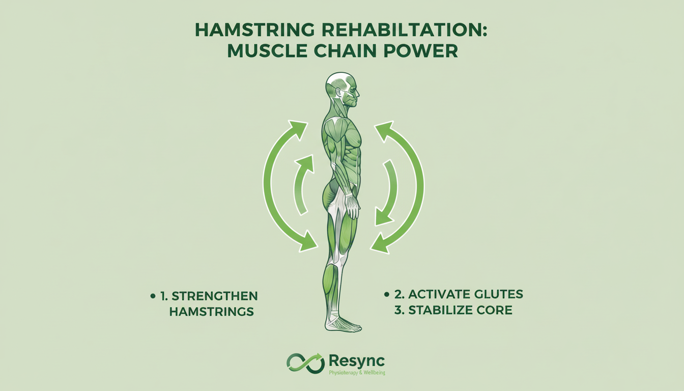 A clean and modern infographic illustrating the concept of muscle chain rehabilitation for a hamstring injury. It should show a simplified anatomical drawing of a person from the side, with the hamstring, glutes, and core muscles highlighted. Arrows should indicate how they work together to power movement. Use brand colors. Aspect ratio: 1:1.