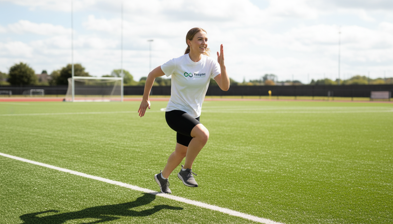 A dynamic and hopeful photograph of a female athlete in her late 20s performing a controlled running drill on a green sports field. She looks focused and confident, not pushing to her limit but moving with purpose and strength. The image should convey progress and a safe return to sport. Aspect ratio: 16:9.