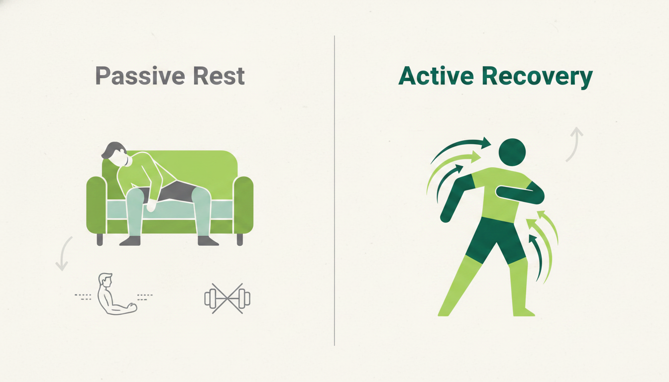 A clean, modern infographic comparing 'Passive Rest' vs. 'Active Recovery'. The left side shows a faded icon of a person on a sofa with atrophying muscle symbols. The right side shows a vibrant icon of a person doing a gentle, physio-guided stretch, with arrows indicating blood flow and healing. Use brand colors #2A6B5A and #4D9A83 against a light #F5F5F3 background. Aspect ratio: 1:1.