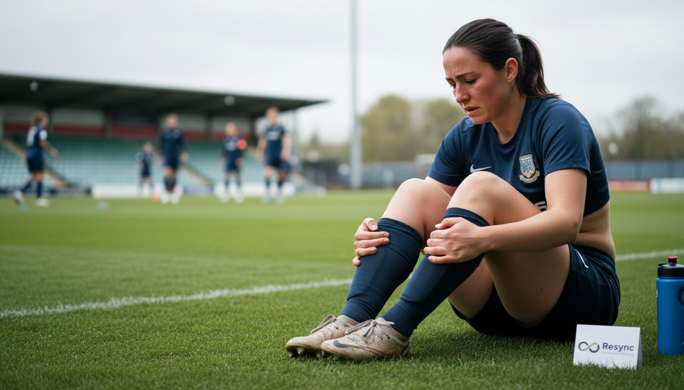 A realistic, empathetic photograph of a frustrated athlete in their late 20s sitting on the sidelines of a football pitch, holding their knee. The mood is one of disappointment and uncertainty. Soft, natural lighting. Aspect ratio: 16:9.