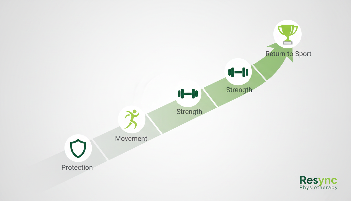 A stylized illustration showing the four distinct phases of sports injury recovery. A path winds upwards from a 'Protection' phase with a shield icon, to 'Movement' with a flexibility icon, to 'Strength' with a dumbbell icon, and finally to 'Return to Sport' with a trophy icon. The overall feeling is hopeful and structured. Aspect ratio: 16:9.