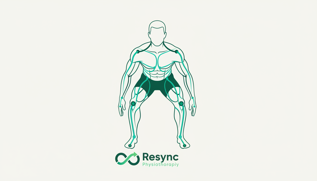 A clean, minimalist illustration showing the kinetic chains of an athlete's body highlighted in teal and green. The athlete is in a dynamic 'ready' pose, symbolising strength and injury prevention. Background is a soft off-white. Aspect ratio: 16:9.