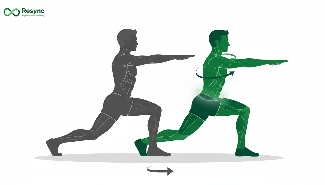 An elegant, instructional illustration of an athlete in a lunge position performing a trunk rotation. Use two distinct figures or overlays to show the starting lunge and the peak rotation, with clean lines and brand colours. Highlights the core and hip engagement. Aspect ratio: 4:3.