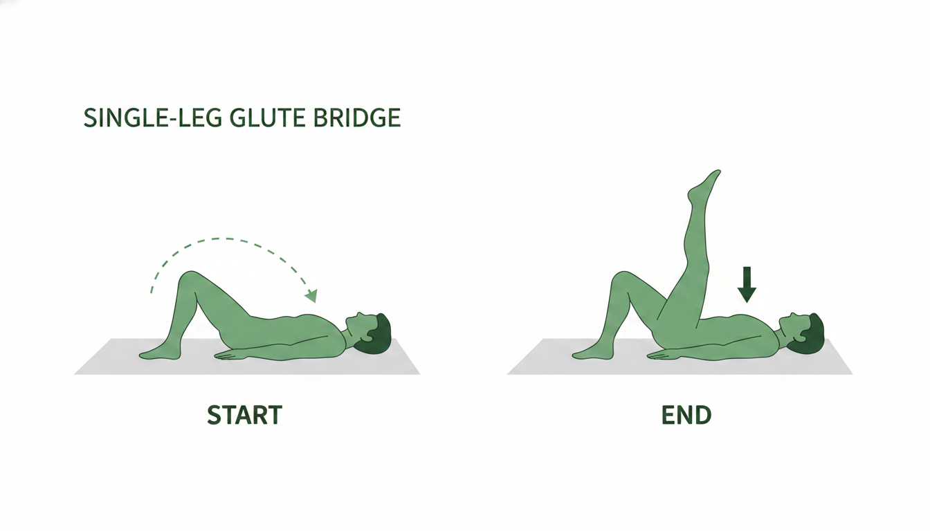 A clear, step-by-step instructional illustration of a person performing a Single-Leg Glute Bridge. Use simple lines and brand colours to show the start and end positions, with arrows indicating the direction of movement. Minimalist and easy to understand. Aspect ratio: 4:3.