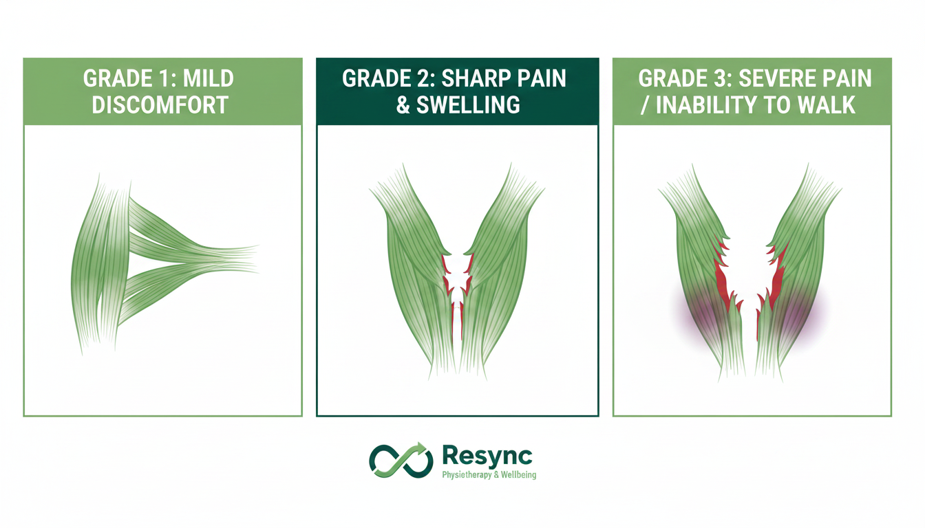 A clean, modern infographic illustrating the three grades of hamstring muscle strains. Use simple anatomical diagrams for each grade: Grade 1 showing stretched fibers, Grade 2 with partially torn fibers, and Grade 3 depicting a complete muscle tear. Label each with key symptoms like 'mild discomfort,' 'sharp pain & swelling,' and 'severe pain/inability to walk.' Use brand colors: #2A6B5A, #4D9A83, #FFFFFF. Aspect ratio: 1:1.