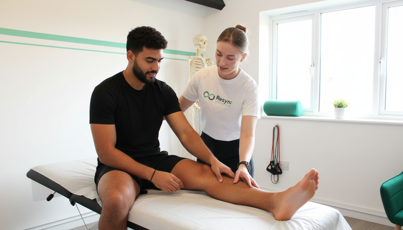 A professional and empathetic illustration of a physiotherapist in a clinic setting examining the leg of an athlete. The style should be clean and modern, reflecting expertise and care. The focus is on the diagnostic process, not treatment. Use brand colors: #2A6B5A, #eAf4f1, #3d8a7a. Aspect ratio: 4:3.