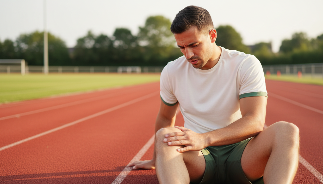A realistic, empathetic photo of a male athlete in his early 30s sitting on the edge of a running track in Balsall Common, looking frustrated while gently holding the back of his thigh where the hamstring is. The image should convey the feeling of being sidelined by a sports injury. Use a shallow depth of field to focus on the athlete. Aspect ratio: 16:9.