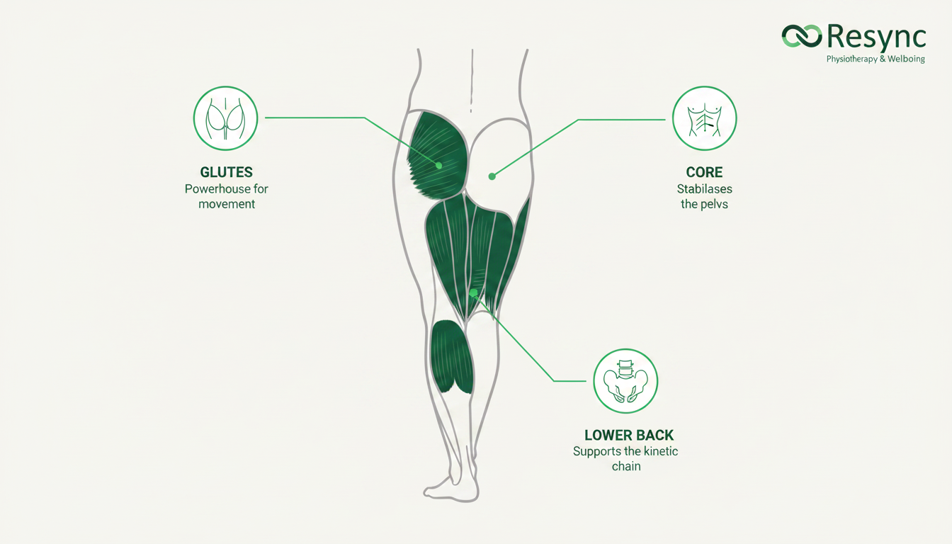 A clean and clear infographic showing the muscular support system for the hamstrings. A central illustration of the leg highlights the hamstring, with connecting lines to icons representing the 'Glutes', 'Core', and 'Lower Back'. Each icon has a brief text snippet like 'Powerhouse for movement' or 'Stabilises the pelvis'. Aspect ratio: 1:1.