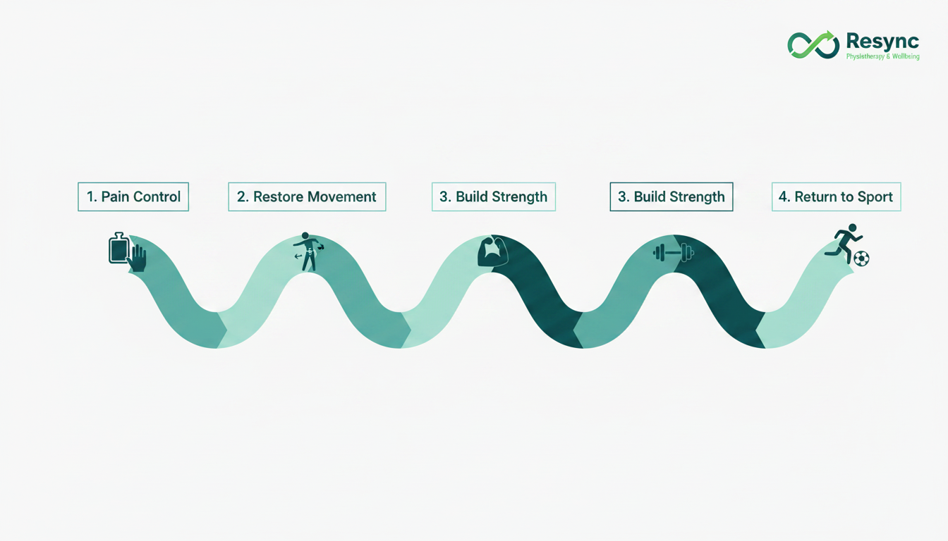 A clean and modern infographic illustration showing a winding path divided into four distinct phases, labeled '1. Pain Control', '2. Restore Movement', '3. Build Strength', and '4. Return to Sport'. Use a color palette of dark teal, light teal, and off-white. The style should be encouraging and professional. Aspect ratio: 16:9.