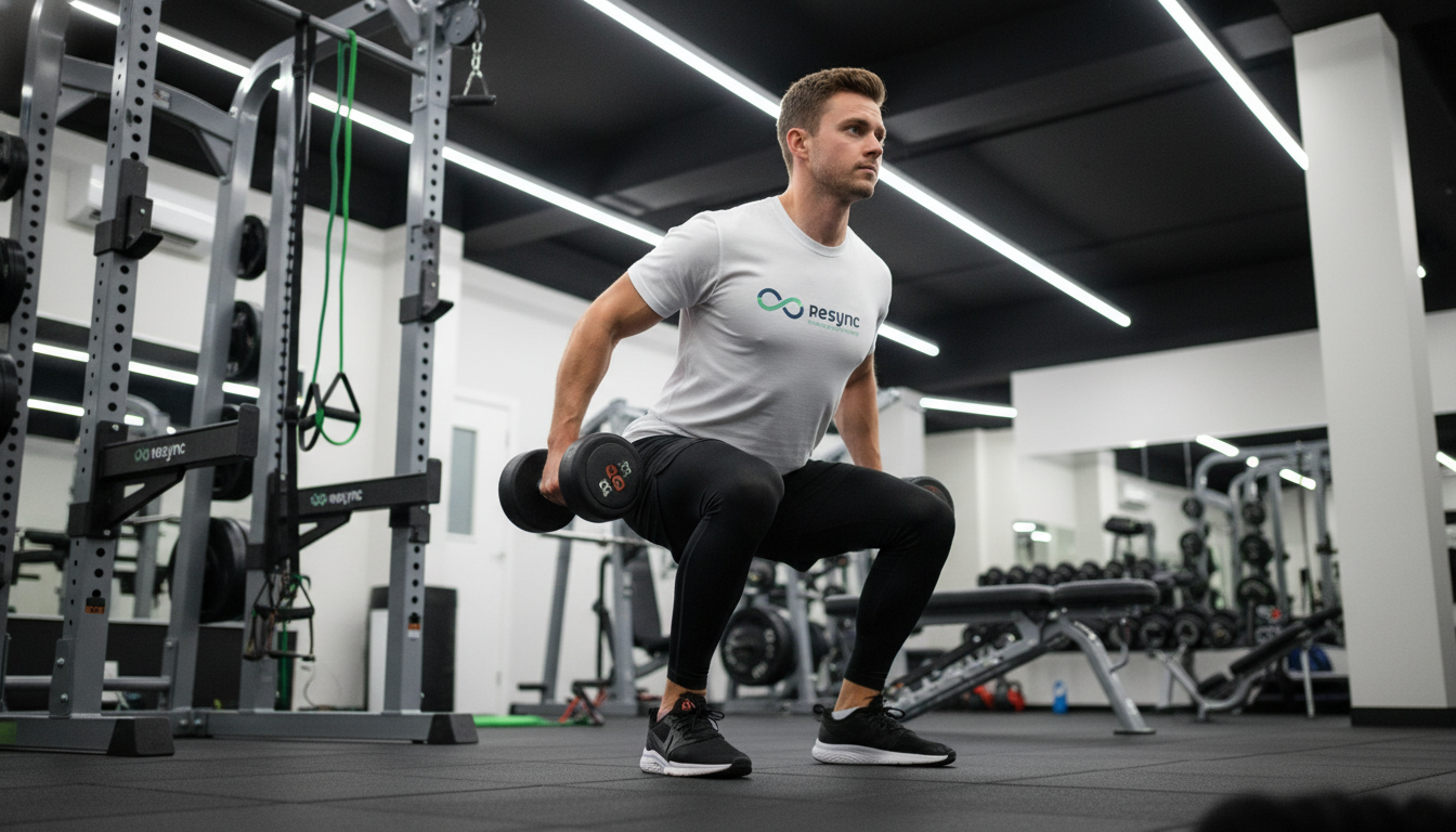 A dynamic, realistic photograph of an athlete performing a sport-specific strength exercise, like a box jump or a single-leg squat with weights, in a well-equipped gym setting. The athlete shows focus and determination. The lighting is bright and clean, highlighting muscle engagement. Aspect ratio: 4:3.