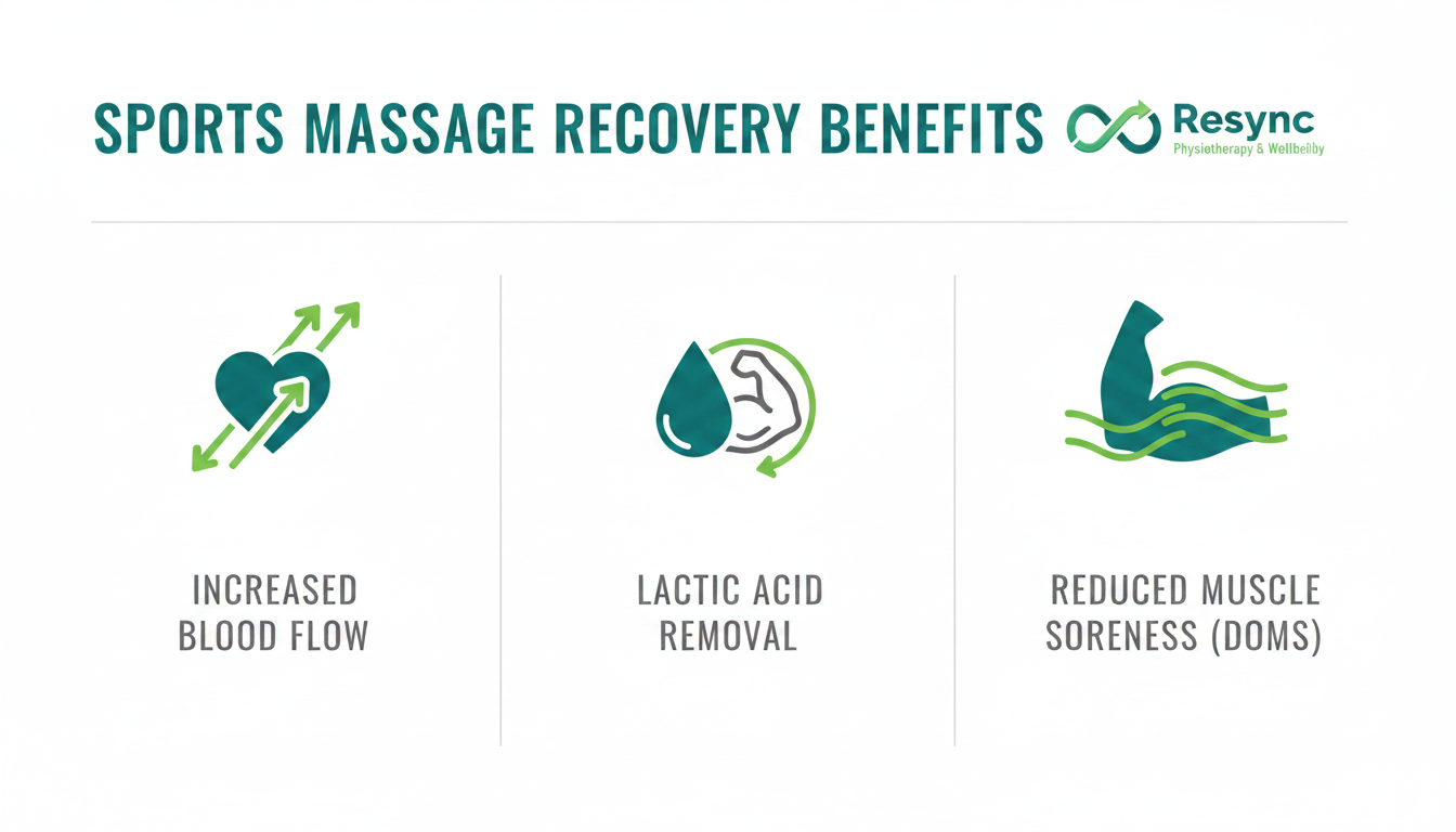 A clean, modern infographic illustrating the recovery benefits of sports massage. Use icons to represent 'Increased Blood Flow,' 'Removes Lactic Acid,' and 'Reduces Muscle Soreness (DOMS).' The design should be simple, clear, and use the brand's teal and grey color palette. Aspect ratio: 1:1.
