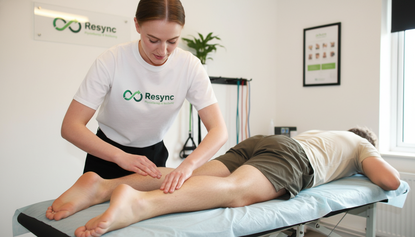 A close-up, realistic photograph of a physiotherapist performing a sports massage on a male athlete's calf muscle. The focus is on the therapist's hands applying targeted pressure. The setting is a clean, professional physiotherapy clinic. The athlete is lying on a massage table. The mood is focused and therapeutic. Aspect ratio: 16:9.