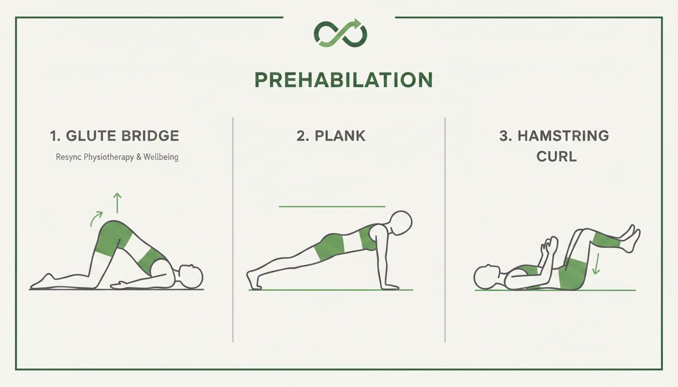 A clean, modern infographic illustrating three key prehabilitation exercises: a glute bridge, a plank, and a hamstring curl. Use simple line-art figures against a light background. Label each exercise clearly. The design should use the brand's green and grey color palette. Aspect ratio: 1:1.