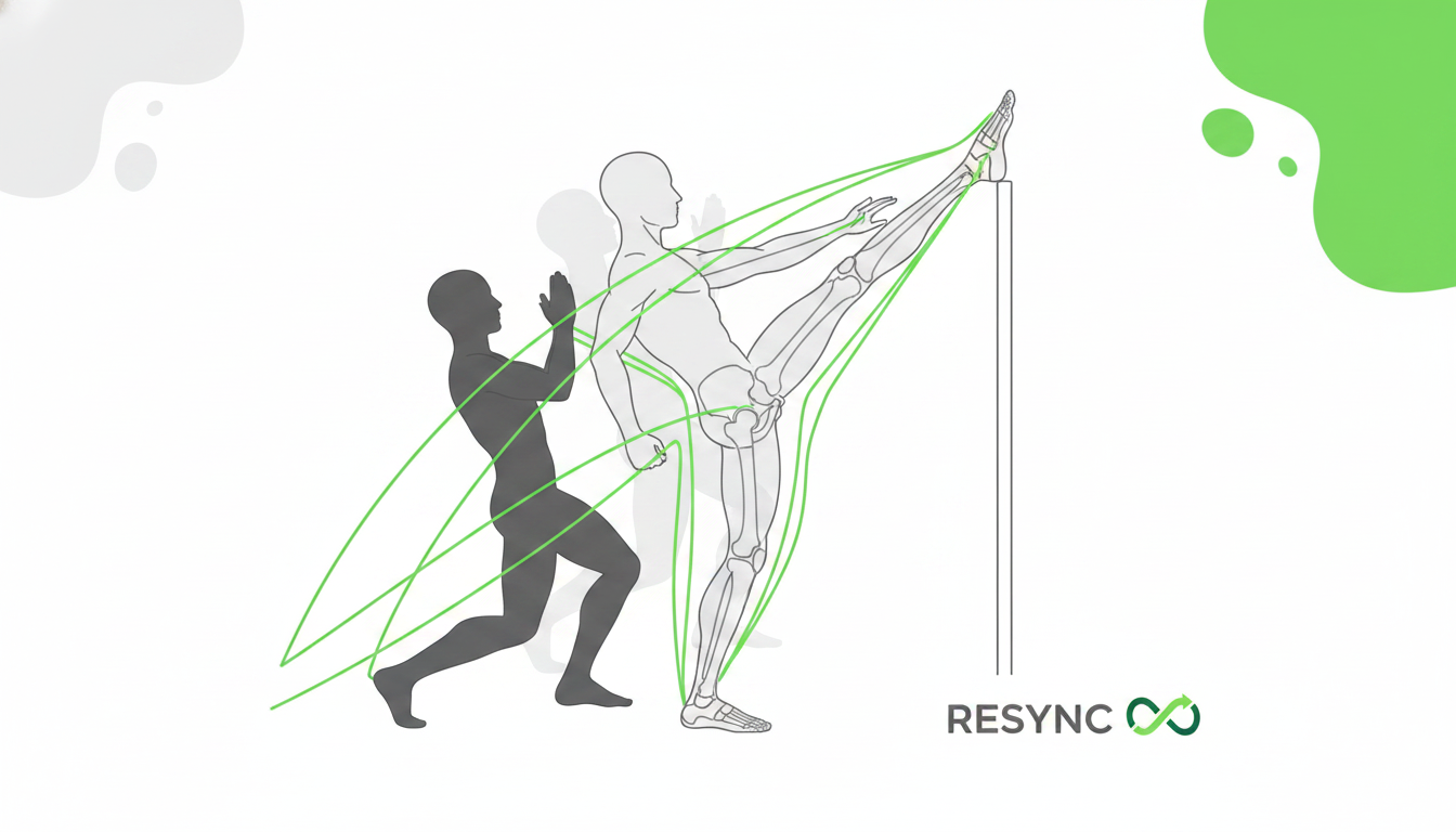A stylized illustration showing the fluid range of motion of an athlete's hip joint during a dynamic stretch like a leg swing. The style should be clean and minimalist, using flowing lines to represent movement. Use brand colors of green, light grey, and dark grey. Aspect ratio: 4:3.
