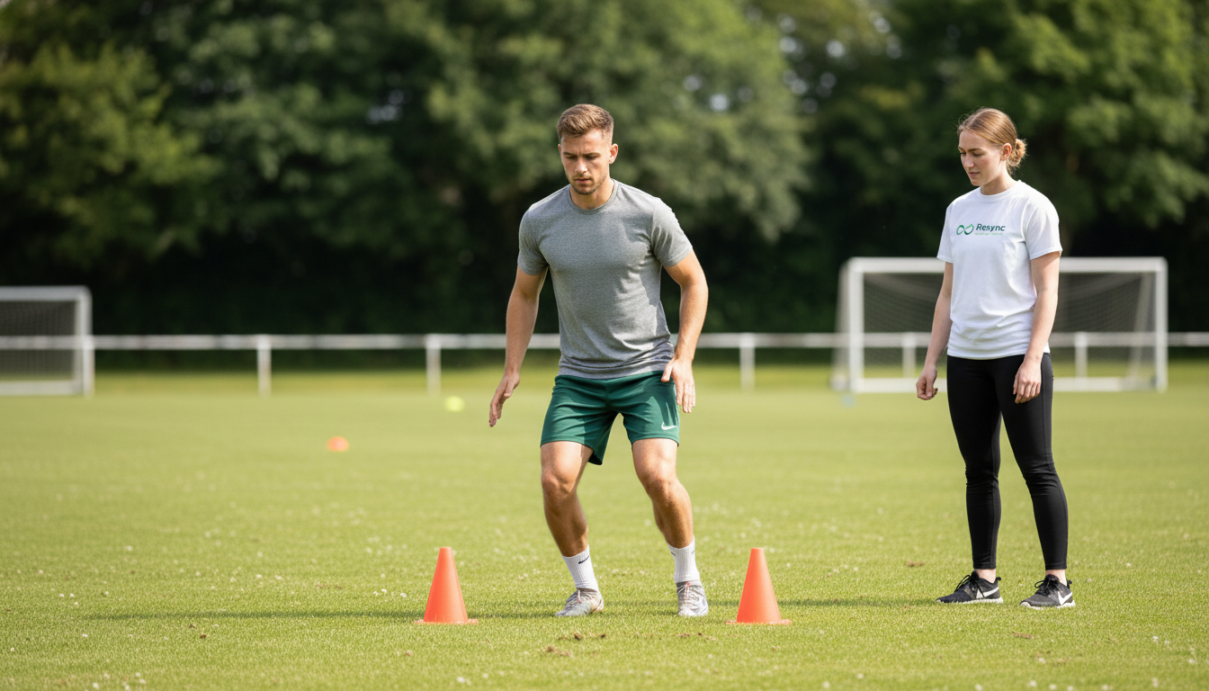 A realistic photo of a footballer performing a dynamic warm-up drill with cones on a local pitch. The focus is on controlled, athletic movement, not high-intensity action. The mood is focused and prepared. The background can be slightly blurred to emphasize the athlete. Aspect ratio: 16:9.