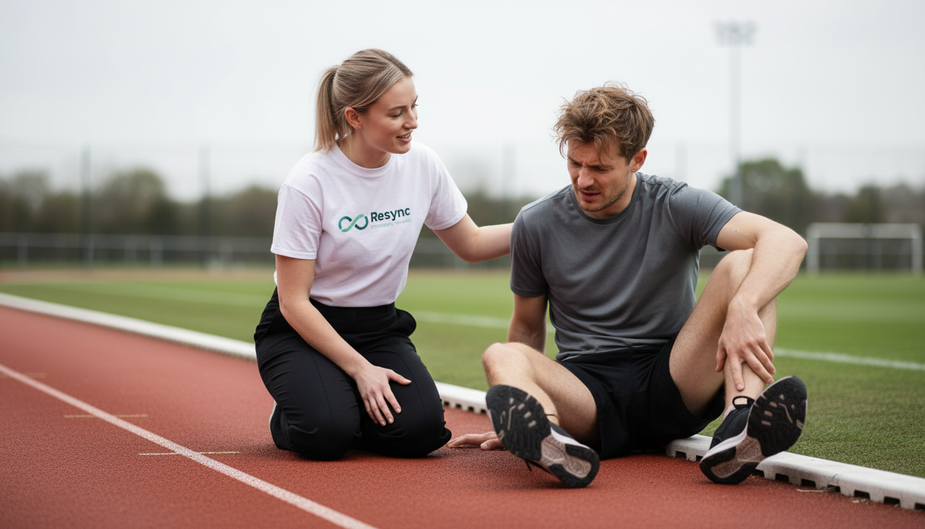 A realistic photograph of a frustrated male runner in his early 30s, sitting on the edge of a track and holding his hamstring in discomfort. The mood is empathetic and supportive, not overly dramatic. The background is slightly blurred, focusing on his expression of disappointment. Use a muted color palette. Aspect ratio: 16:9.