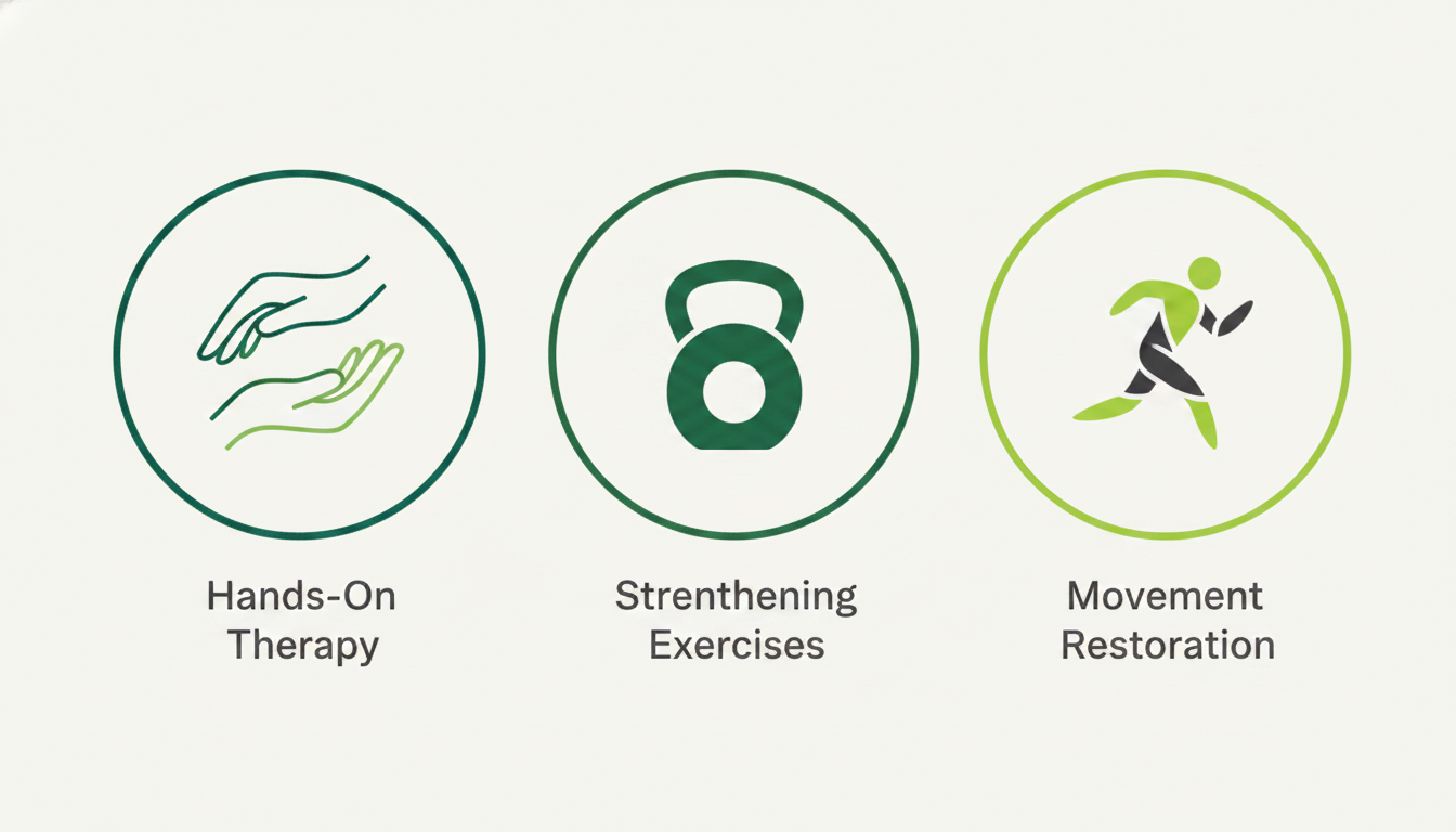 A clean and modern infographic with three distinct icons representing the 3 pillars of active recovery. Icon 1 for 'Hands-On Therapy' (e.g., two hands). Icon 2 for 'Strengthening Exercises' (e.g., a kettlebell or resistance band). Icon 3 for 'Movement Restoration' (e.g., a figure in a running motion). Use the brand's green and grey color palette. Aspect ratio: 1:1.