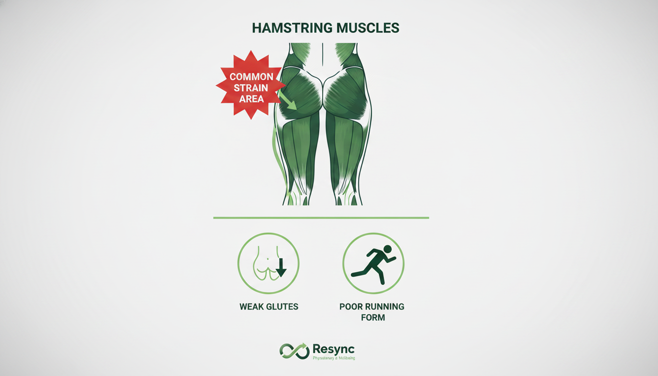 A clear, simple infographic showing the anatomy of the hamstring muscles. A red starburst highlights the common area for a strain. Minimalist icons indicate potential root causes like 'weak glutes' and 'poor running form'. Aspect ratio: 1:1.