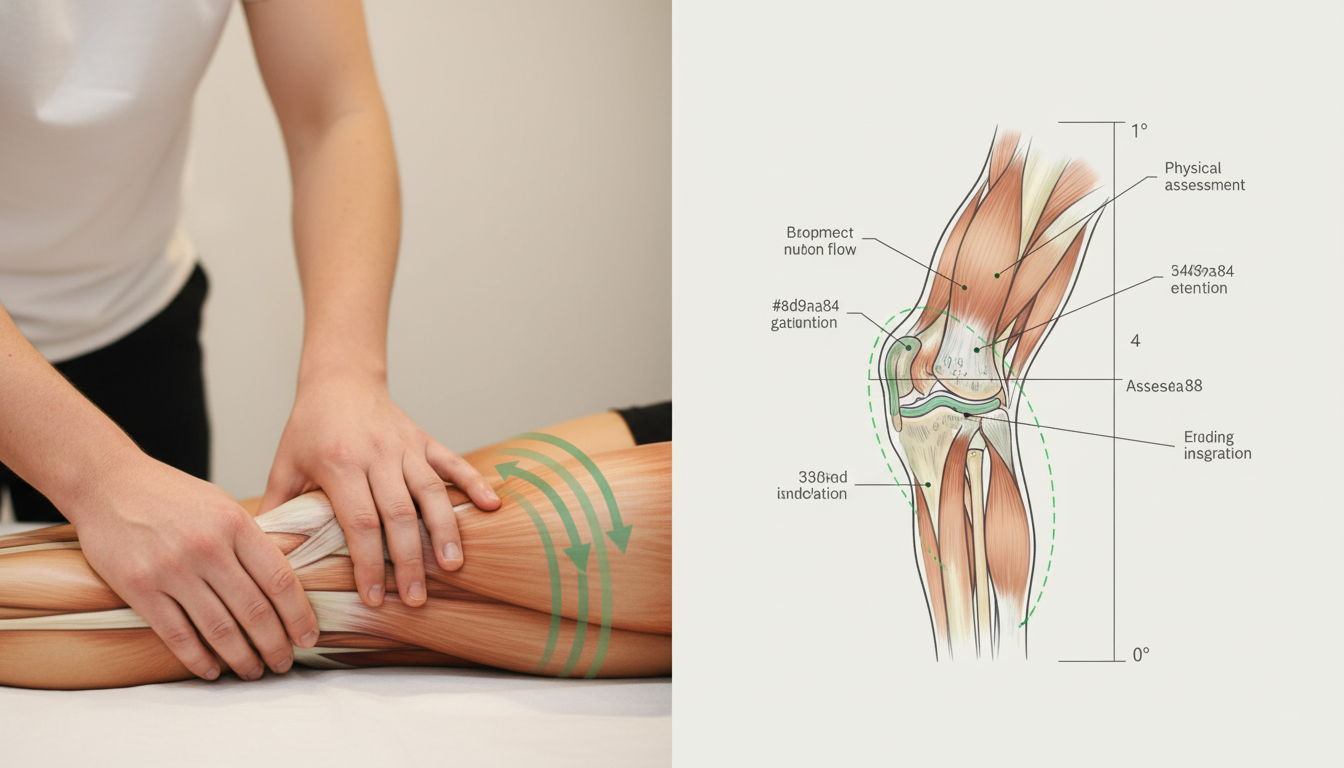 A clean and modern split-screen illustration. On the left, hands performing a deep tissue massage on a leg muscle with arrows indicating circulation. On the right, a diagram showing a physical assessment of a joint's range of motion with anatomical notes. Use brand colors. Aspect ratio: 16:9.