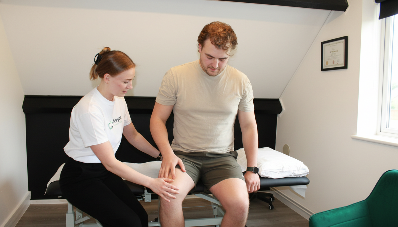 An empathetic, professional physiotherapist in a clinic setting, carefully assessing the knee of a male athlete. The atmosphere is supportive and expert. Both individuals are focused. Clinic is clean and bright. Use brand colours in the physio's polo shirt. Aspect ratio: 16:9.