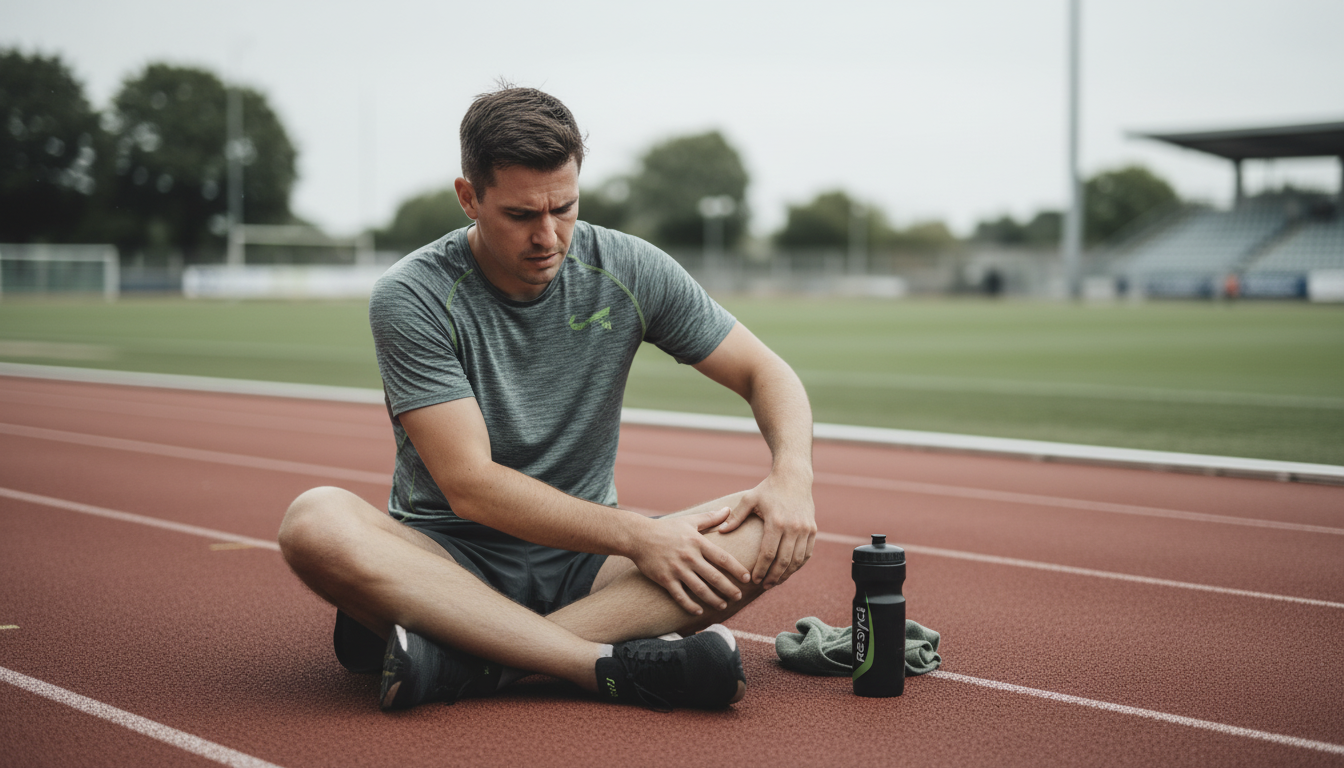 A realistic photo of a runner sitting on a track, looking concerned as they gently touch their hamstring. The mood is one of frustration and uncertainty. Soft, natural lighting. Aspect ratio: 16:9.