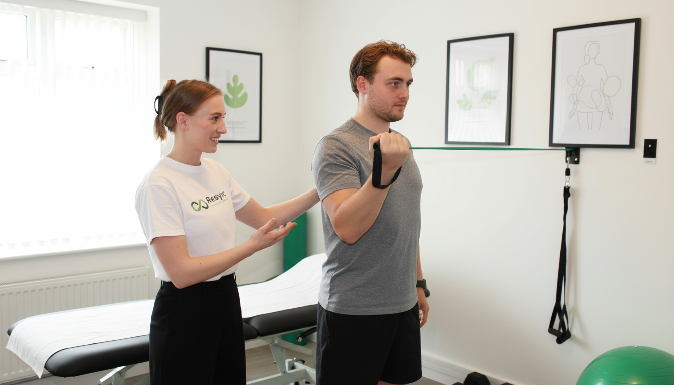 A realistic, professional photograph of a physiotherapist in a bright clinic setting, guiding an athlete through a specific rehabilitation exercise using resistance bands. The atmosphere is supportive and focused, with the physio providing clear instruction. Use brand colors in the physio's attire and clinic environment. Aspect ratio: 16:9.