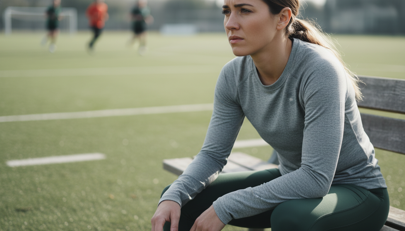 A realistic, slightly desaturated photo capturing the pensive and hesitant expression of an athlete sitting on the sidelines, looking at the field. The focus is on their face, showing internal conflict and fear of re-injury. The athlete is wearing neutral-colored sportswear. Aspect ratio: 16:9.