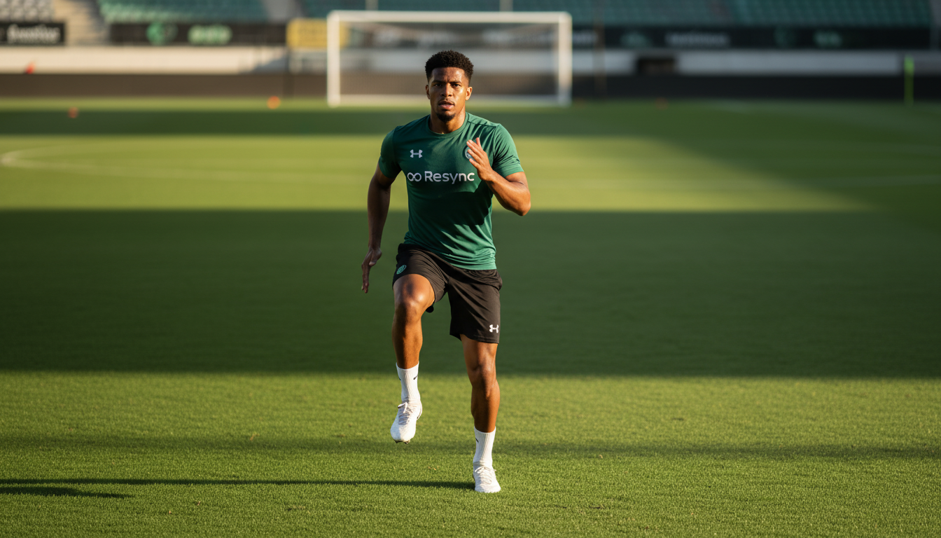 A powerful, realistic photo of a confident male athlete performing a dynamic warm-up on a football pitch. He looks focused, strong, and prepared. The morning light gives an optimistic and fresh feel, highlighting his readiness to play. Aspect ratio: 16:9.