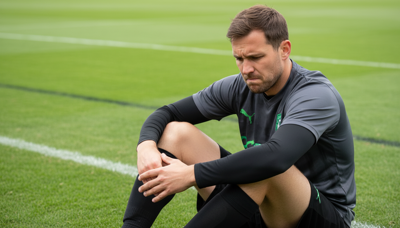 A realistic photograph of a male footballer in his early 30s, sitting on the edge of a football pitch, looking frustrated as he gently holds his hamstring. The focus is on his expression of disappointment. The background is a blurred green pitch. Use natural, empathetic lighting. Aspect ratio: 16:9.