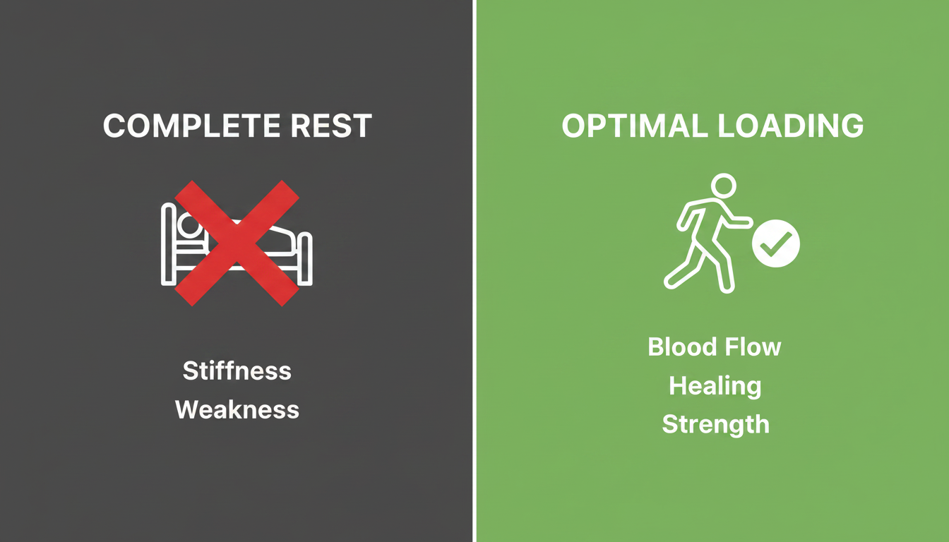 A clean, modern infographic comparing 'Complete Rest' vs 'Optimal Loading' for a hamstring strain. On the left, an icon of a person in bed with a red 'X' and words like 'Stiffness, Weakness'. On the right, an icon of a person doing a gentle walk/stretch with a green checkmark and words like 'Blood Flow, Healing, Strength'. Use brand colors #2A6B5A for positive elements and #5A5A5A for negative. Aspect ratio: 1:1.