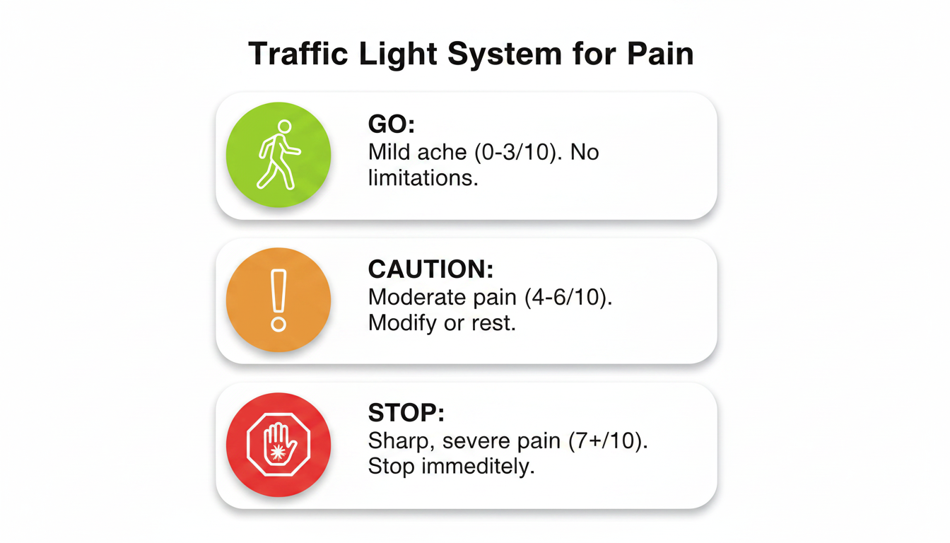 An infographic of a 'Traffic Light System for Pain'. The top has a green circle with text 'GO: Mild ache (0-3/10). No limitations.' The middle has an amber circle with 'CAUTION: Moderate pain (4-6/10). Modify or rest.' The bottom has a red circle with 'STOP: Sharp, severe pain (7+/10). Stop immediately.' Use clean icons and Resync Physiotherapy's brand colors. Aspect ratio: 1:1.