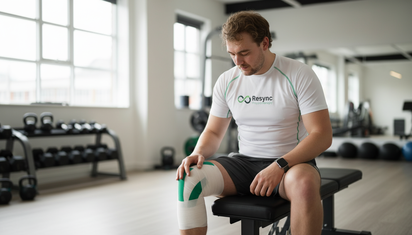 A realistic, empathetic photograph of an athlete in their 30s sitting on a gym bench, looking thoughtfully at their taped knee. The mood is contemplative, not distressed, captured with soft, natural lighting. The athlete is wearing gear that subtly incorporates the brand colors. Aspect ratio: 16:9.