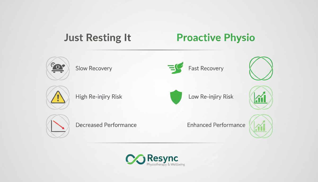 A clean and modern infographic comparing 'Just Resting It' vs. 'Proactive Physio'. Use two columns with clear headings. Under 'Just Resting It', use icons representing slow recovery, high re-injury risk, and decreased performance. Under 'Proactive Physio', use icons representing fast recovery, low re-injury risk, and enhanced performance. Use brand colors prominently. Aspect ratio: 1:1.