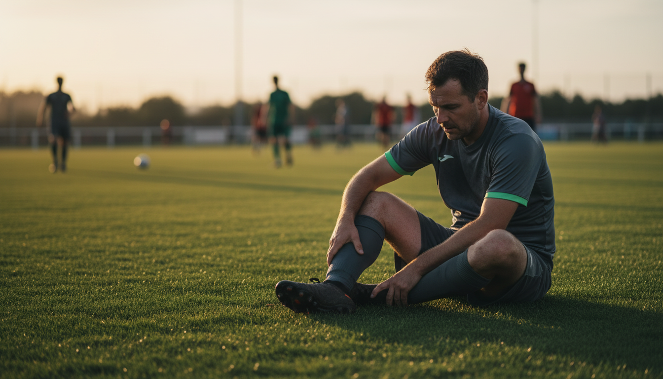 A realistic, empathetic photograph of a male amateur football player in his 30s sitting on the sidelines, looking frustrated as he holds his hamstring. The background shows a blurry local football match in progress. The lighting is natural evening light, casting long shadows. Aspect ratio: 16:9.