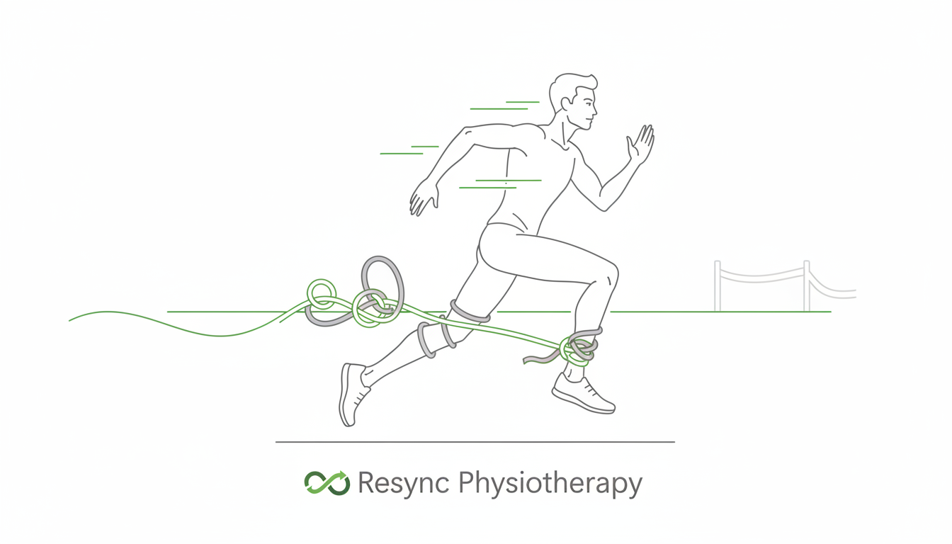 An elegant line-art illustration of a runner looking at a distant finish line, but a tangled, knotted line is holding their leg back, symbolizing the frustration of a sports injury. The style is minimalist and clean. Aspect ratio: 16:9.
