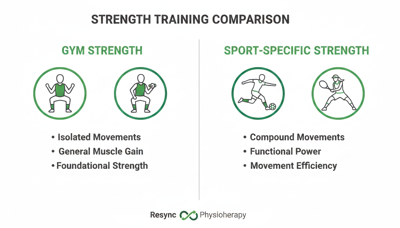 A clean infographic comparing 'Gym Strength' vs. 'Sport-Specific Strength'. On one side, show simple icons for a squat and a bicep curl. On the other, show dynamic icons for a footballer kicking a ball and a tennis player lunging. Use clear labels and the brand's green color palette. Aspect ratio: 1:1.