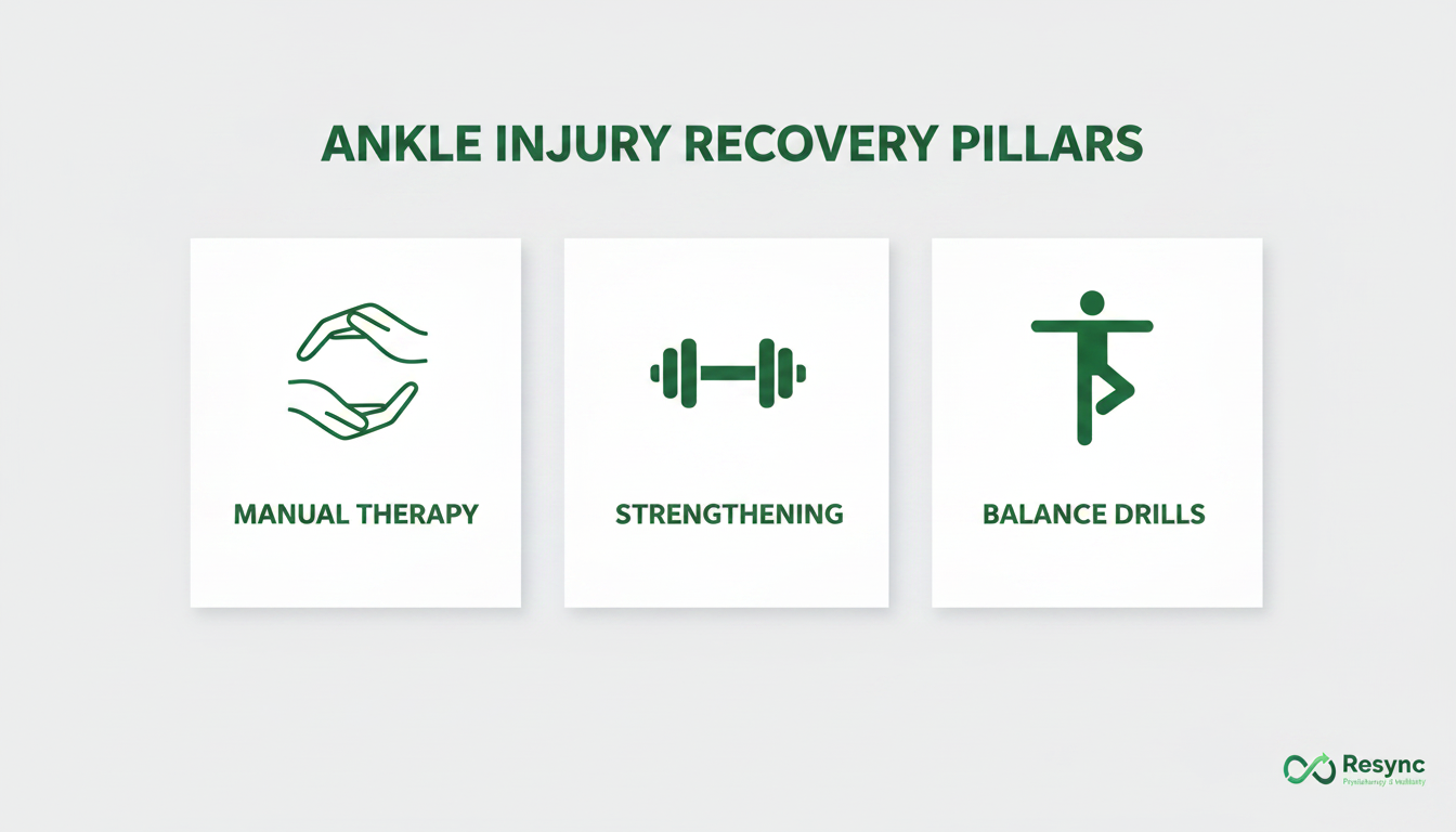 A clean and modern infographic with three icons representing the pillars of ankle injury recovery. Icon 1 shows hands representing 'Manual Therapy'. Icon 2 shows a dumbbell representing 'Strengthening'. Icon 3 shows a person balancing on one leg representing 'Balance Drills'. Use brand colors for a professional look. Aspect ratio: 4:3.