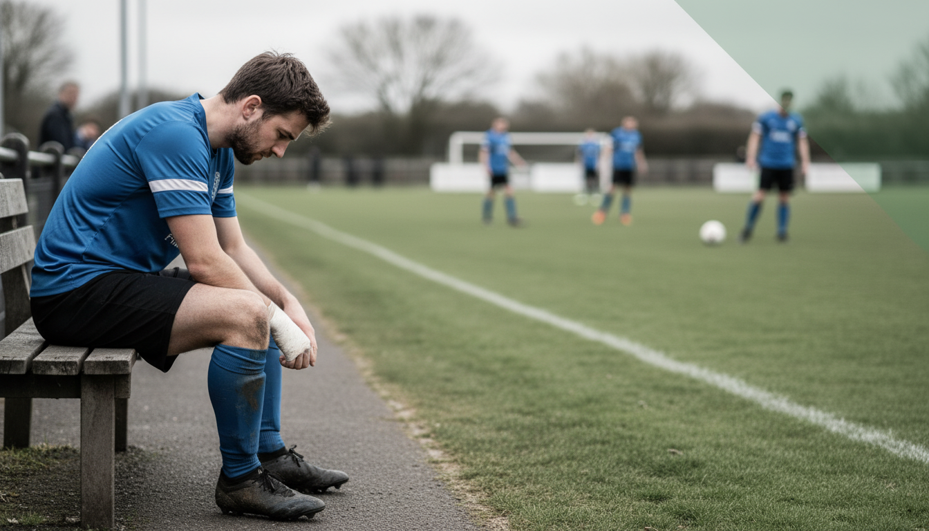 A realistic, slightly desaturated photo of a male footballer in his late 20s sitting dejectedly on the sidelines of a local football pitch, looking at his taped ankle. The focus is on his expression of frustration and disappointment. The background shows a blurry game in progress. Aspect ratio: 16:9.