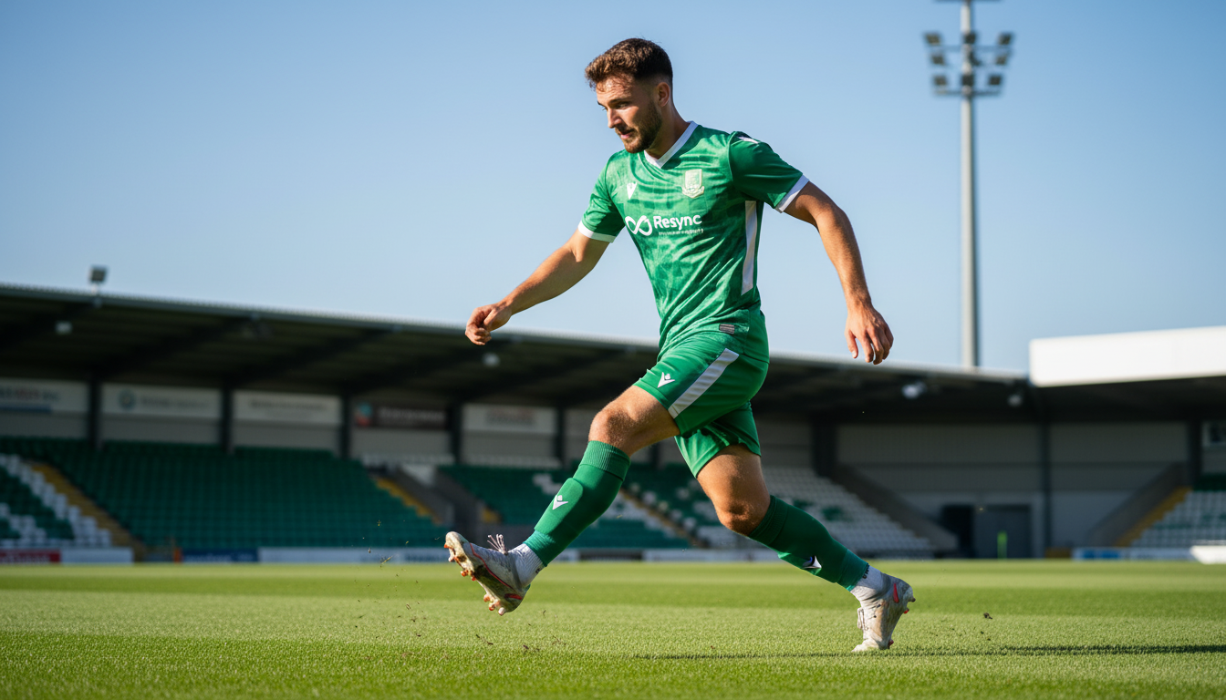 A dynamic, realistic photograph of a male footballer in a green and white kit, mid-stride on a football pitch, looking focused and confident. The image captures a moment of peak action, highlighting his strong, stable ankle as he cuts sharply. The lighting is bright and optimistic. Aspect ratio: 16:9.