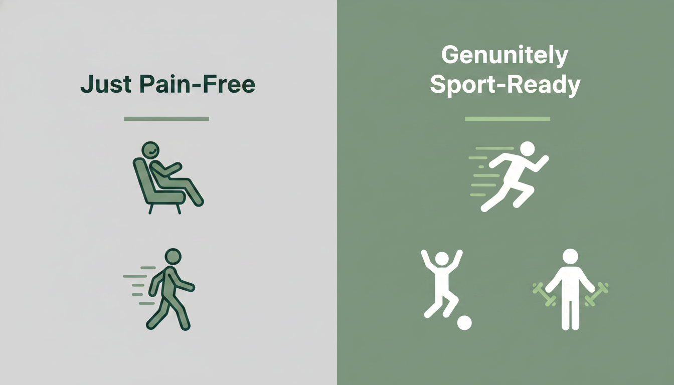 A clean, modern infographic with two columns titled 'Just Pain-Free' and 'Genuinely Sport-Ready'. Under 'Pain-Free', show simple icons for 'Rest' and 'Walking'. Under 'Sport-Ready', show dynamic icons for 'Sprinting', 'Jumping', and 'Balanced Strength'. Use brand colors #2A6B5A, #4D9A83, and white text. Aspect ratio: 1:1.