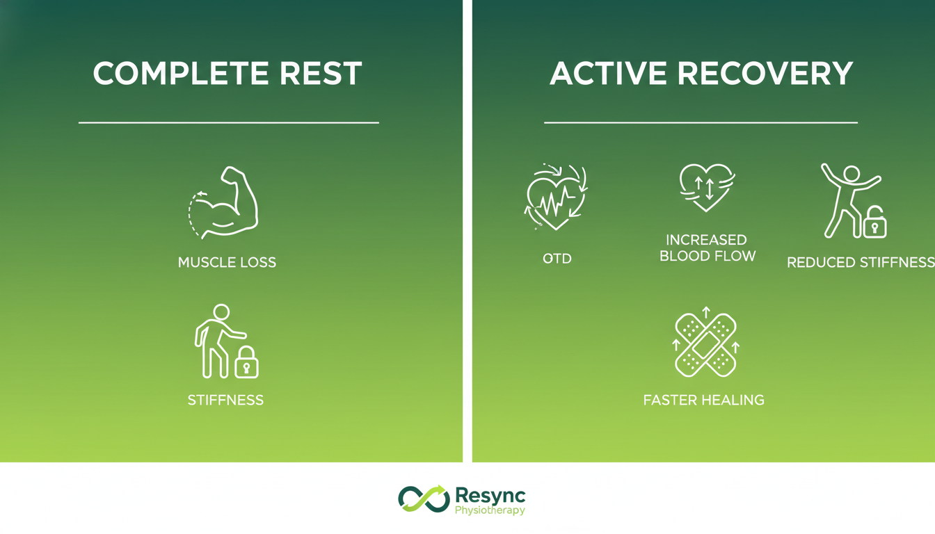 A clean, modern infographic comparing 'Complete Rest' vs. 'Active Recovery'. The left side shows icons for muscle loss and stiffness under the 'Complete Rest' heading. The right side shows icons for increased blood flow, reduced stiffness, and faster healing under 'Active Recovery'. Uses brand colors #2A6B5A and #4D9A83. Aspect ratio: 1:1.
